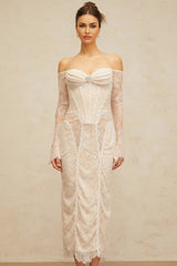 Priscilla Midi Dress White Lace Embellished Crystal Pearls & Boned Bodice