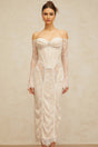 Priscilla Midi Dress White Lace Embellished Crystal Pearls & Boned Bodice