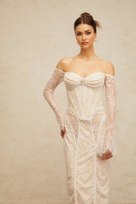 Priscilla Midi Dress White Lace Embellished Crystal Pearls & Boned Bodice
