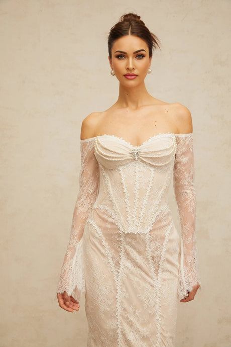 Priscilla Midi Dress White Lace Embellished Crystal Pearls & Boned Bodice