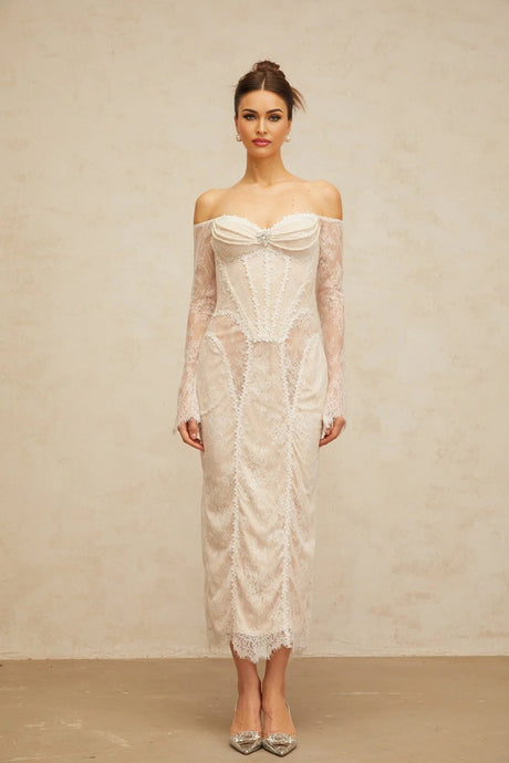 Priscilla Midi Dress White Lace Embellished Crystal Pearls & Boned Bodice