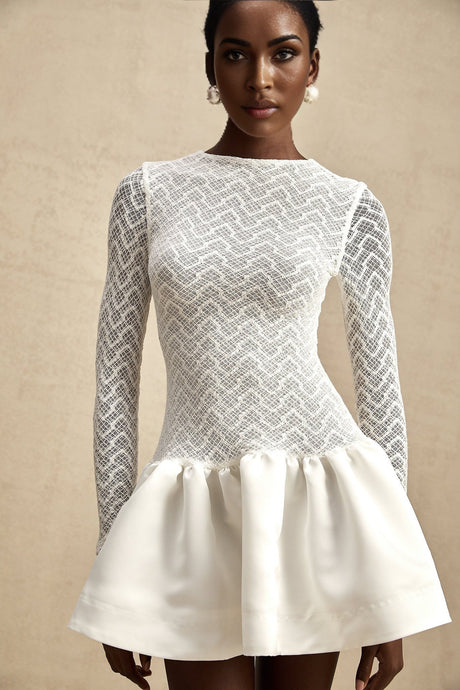 Priscilla Mini Dress White Lace Panelled Ruffle Flared Hem