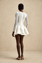Priscilla Mini Dress White Lace Panelled Ruffle Flared Hem