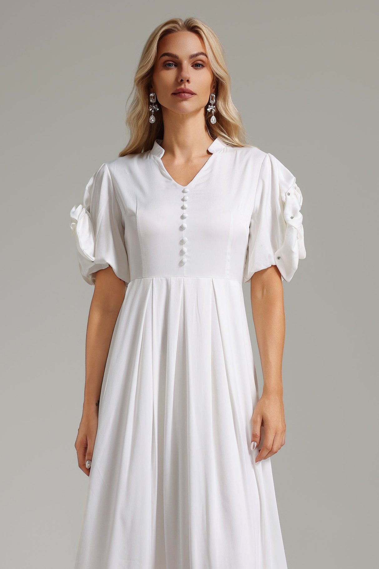 Priscilla White Floral Embellished Sleeve V-Neck Midi Dress