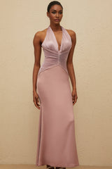 Purple Halterneck Maxi Dress with Cinched Waist and Ruched Detailing