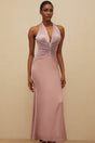 Purple Halterneck Maxi Dress with Cinched Waist and Ruched Detailing
