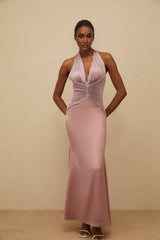 Purple Halterneck Satin Maxi Dress with Ruched Detailing