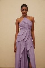 Purple Halterneck Sleeveless Midi Dress with Ruffled Trim and Front Slit