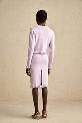 Purple knitted cardigan and dress set with faux flower details matching outfit for women