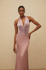 Purple V-neck Halterneck Sleeveless Cinched waist Satin finish Ruched detailing Flared hem Rear zip fastening Maxi length Dress
