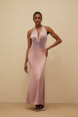 Purple V-neck Halterneck Sleeveless Cinched waist Satin finish Ruched detailing Flared hem Rear zip fastening Maxi length Dress
