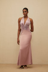 Purple V-neck Halterneck Sleeveless Cinched waist Satin finish Ruched detailing Flared hem Rear zip fastening Maxi length Dress