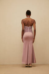 Purple V-neck Halterneck Sleeveless Cinched waist Satin finish Ruched detailing Flared hem Rear zip fastening Maxi length Dress