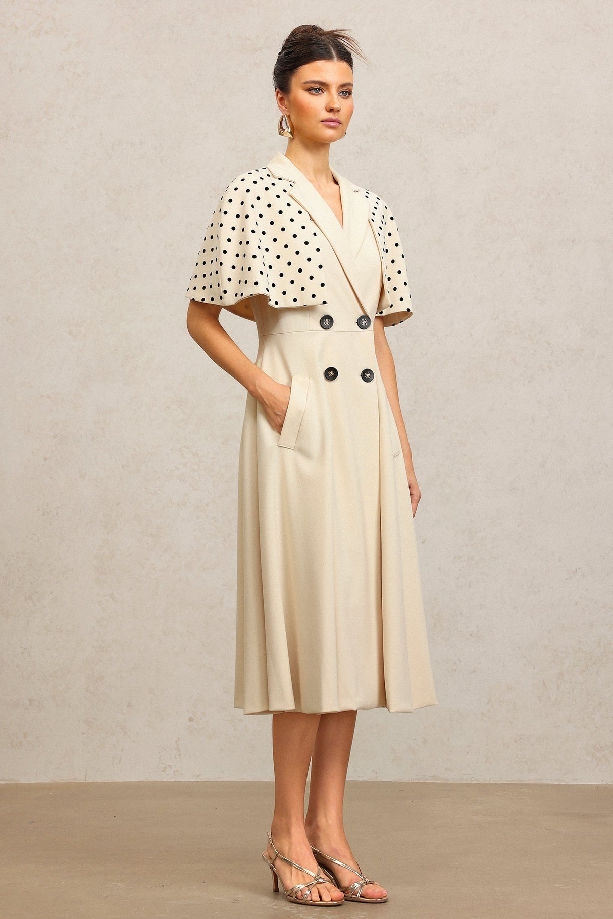 Quinn Beige Double-Breasted Maxi Dress with Polka Dot Sleeves and Notched Collar