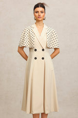 Quinn Beige Double-Breasted Maxi Dress with Polka Dot Sleeves