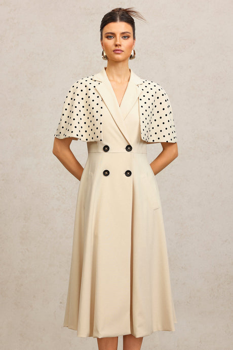 Quinn Beige Double-Breasted Maxi Dress with Polka Dot Sleeves