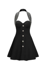 Quinn Black Strapless Ribbed Button Detail Flared Mini Dress