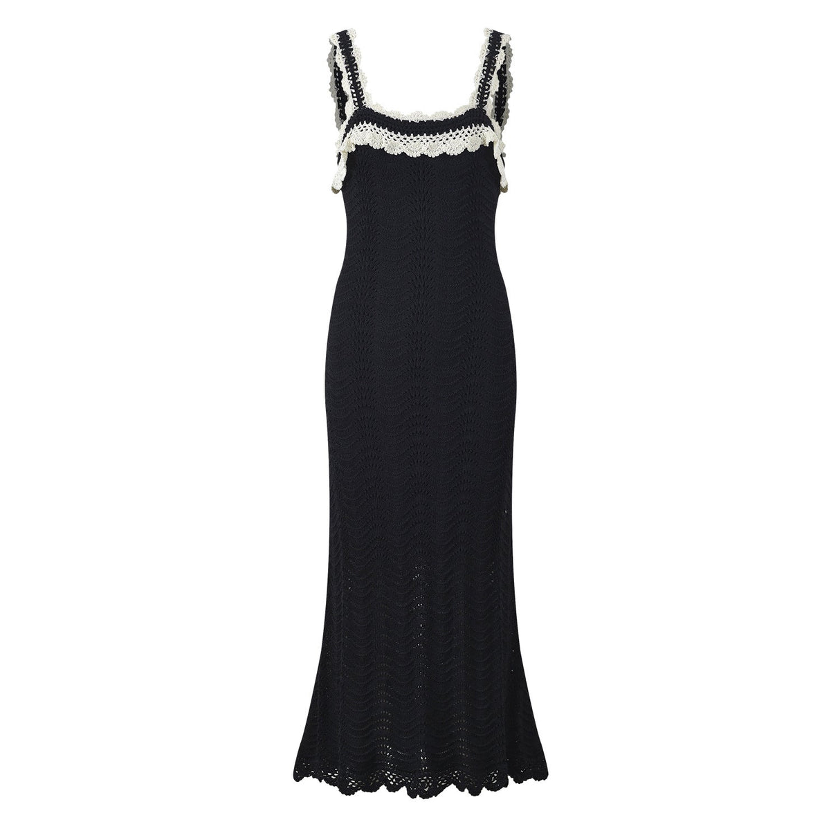 Quinn Long Fitted Crochet Dress - Lace Details and Adjustable Straps for a Chic Look