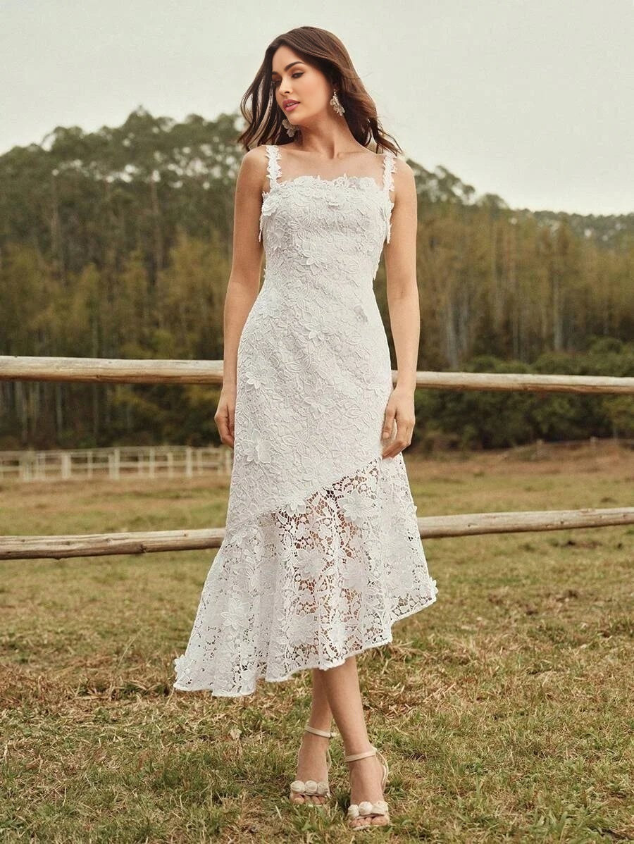Quinn Midi Dress - Neckline Straps - Wedding Occasion - Mermaid Hem - High Waist - Elegant Style