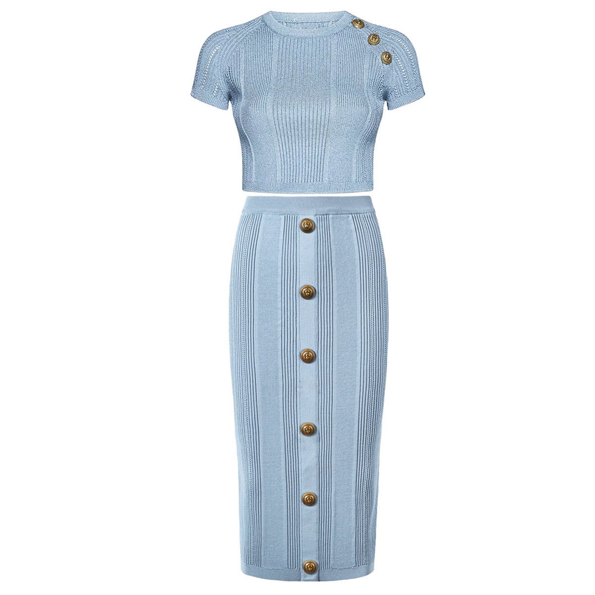 Quinn Top & Skirt Set - Ribbed Texture - Button Details - Fitted Silhouette - Knit Fabric - Elegant & Timeless