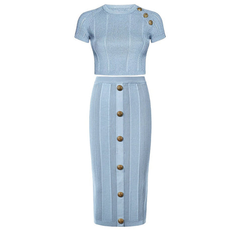 Quinn Top & Skirt Set - Ribbed Texture - Button Details - Fitted Silhouette - Knit Fabric - Elegant & Timeless