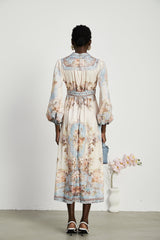 Rachel Floral Print Midi Dress in Neutrals & Light Blue