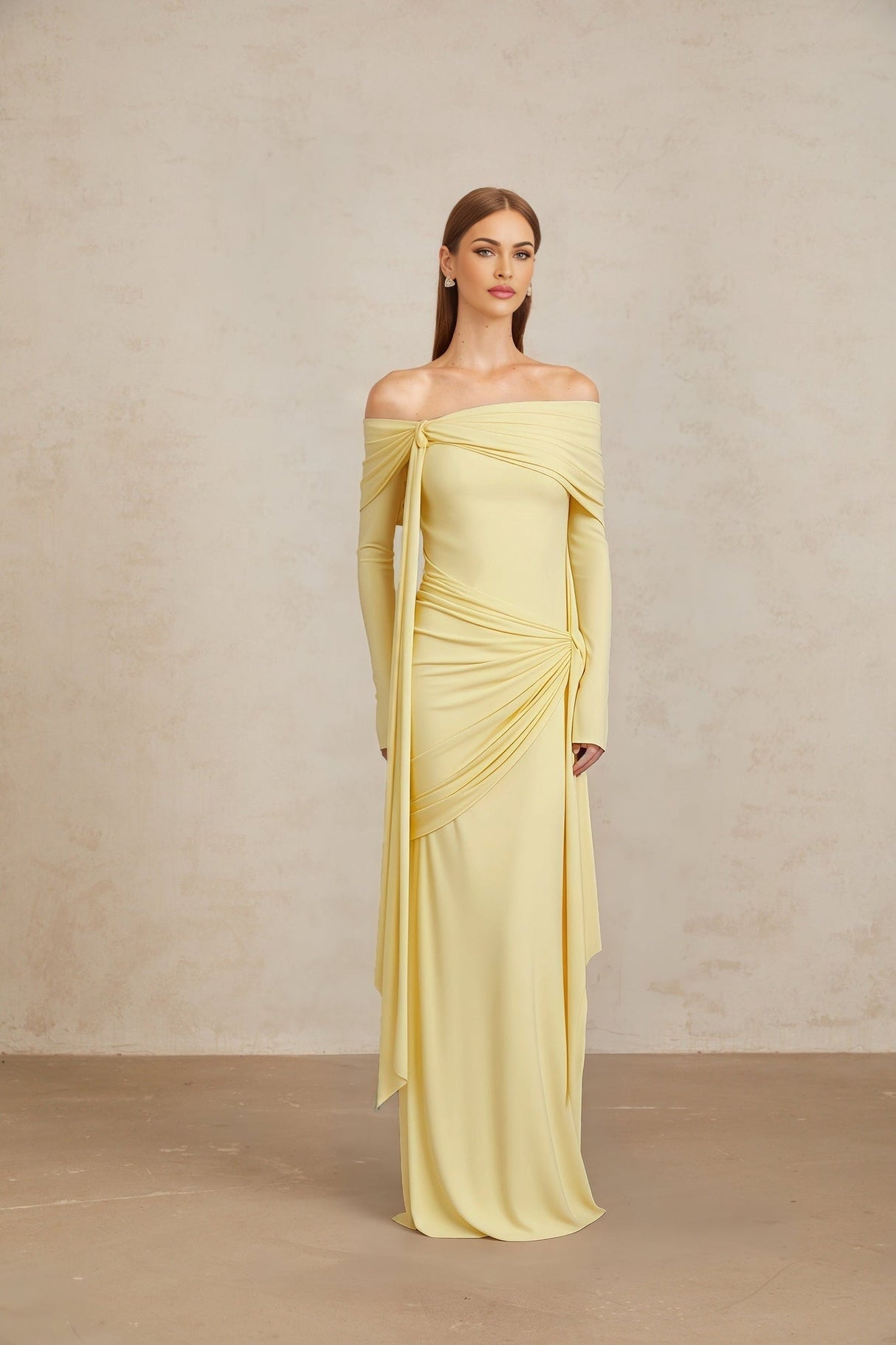 Rachel Gown - Off - Shoulder - Long Sleeves - Front Tie Detail - Pleated and Draped Detailing