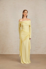 Rachel Gown - Off - Shoulder - Long Sleeves - Front Tie Detail - Pleated and Draped Detailing