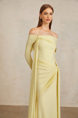 Rachel Gown - Off - Shoulder - Long Sleeves - Front Tie Detail - Pleated and Draped Detailing
