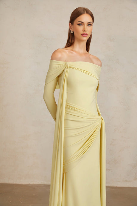 Rachel Gown - Off - Shoulder - Long Sleeves - Front Tie Detail - Pleated and Draped Detailing