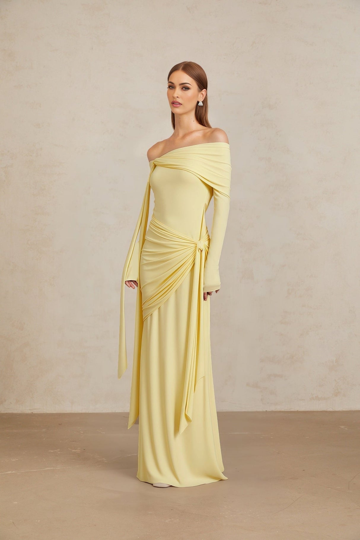 Rachel Gown - Off - Shoulder - Long Sleeves - Front Tie Detail - Pleated and Draped Detailing