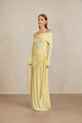 Rachel Gown - Off - Shoulder - Long Sleeves - Front Tie Detail - Pleated and Draped Detailing