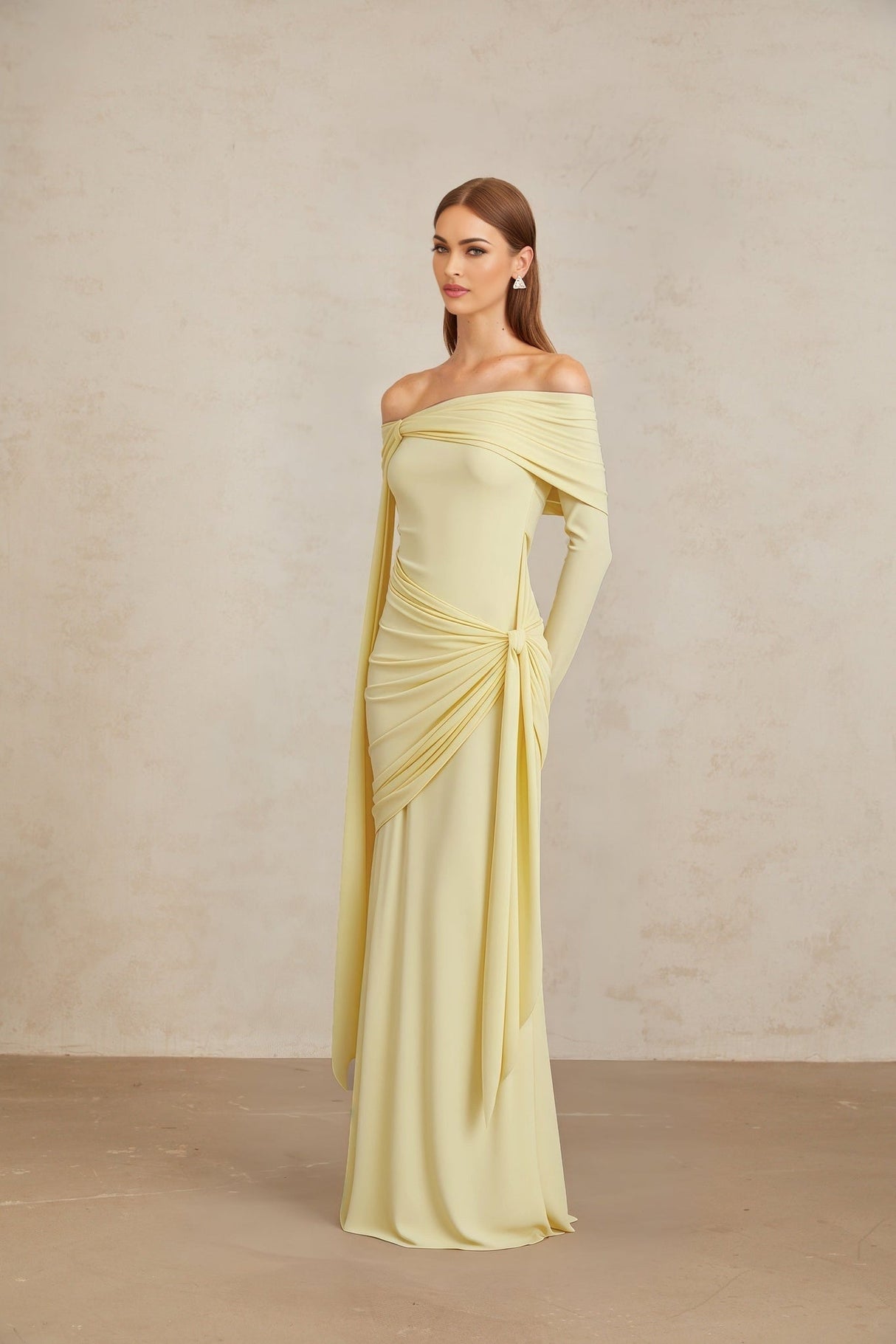 Rachel Gown - Off - Shoulder - Long Sleeves - Front Tie Detail - Pleated and Draped Detailing