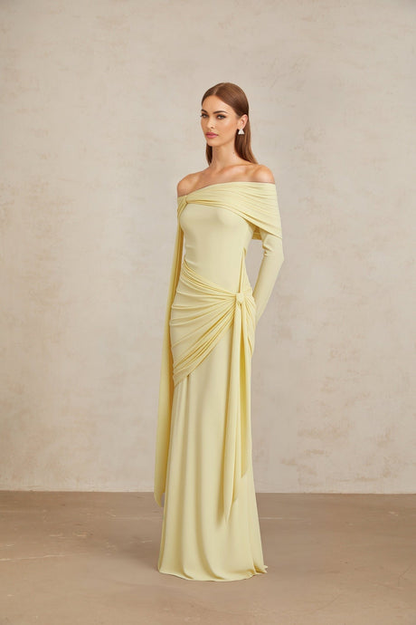 Rachel Gown - Off - Shoulder - Long Sleeves - Front Tie Detail - Pleated and Draped Detailing
