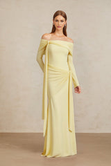 Rachel Gown - Off - Shoulder - Long Sleeves - Front Tie Detail - Pleated and Draped Detailing