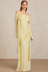 Rachel Gown - Off - Shoulder - Long Sleeves - Front Tie Detail - Pleated and Draped Detailing
