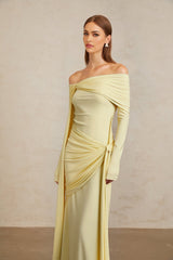 Rachel Gown - Off - Shoulder - Long Sleeves - Front Tie Detail - Pleated and Draped Detailing