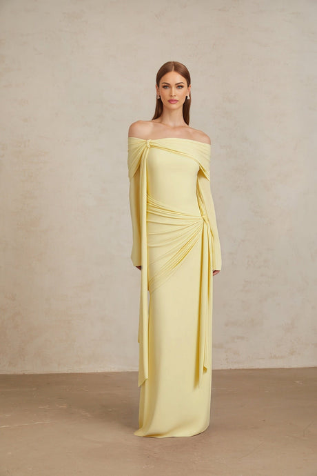 Rachel Gown - Off - Shoulder - Long Sleeves - Front Tie Detail - Pleated and Draped Detailing