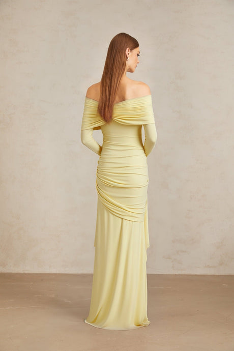 Rachel Gown - Off - Shoulder - Long Sleeves - Front Tie Detail - Pleated and Draped Detailing