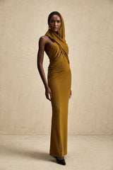Rachel Maxi Dress in Vibrant Olive with Crossover Neck - Backless Design & Chic Hood