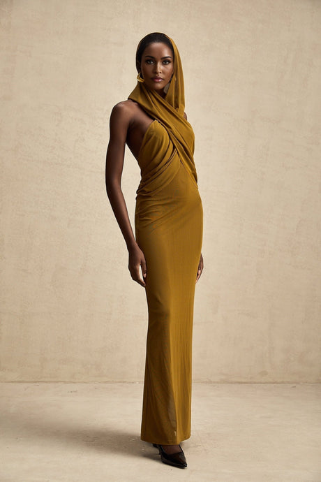 Rachel Maxi Dress in Vibrant Olive with Crossover Neck - Backless Design & Chic Hood