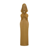 Rachel Maxi Dress in Vibrant Olive with Crossover Neck - Backless Design & Chic Hood