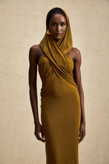 Rachel Maxi Dress in Vibrant Olive with Crossover Neck - Backless Design & Chic Hood