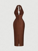 Rachel Midi Dress - Halter Neckline - Formal & Evening - Bodycon - Elegant Style - Backless Twist