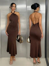 Rachel Midi Dress - Halter Neckline - Formal & Evening - Bodycon - Elegant Style - Backless Twist