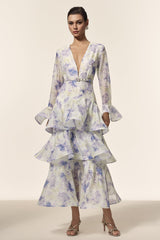 Rachel White Floral Maxi Dress with Deep-V Neckline and Flared Sleeves