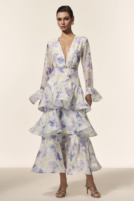 Rachel White Floral Maxi Dress with Deep-V Neckline and Flared Sleeves