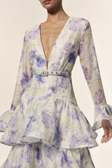 Rachel White Floral Maxi Dress with Deep-V Neckline and Flared Sleeves