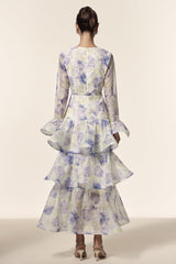 Rachel White Floral Maxi Dress with Deep-V Neckline and Flared Sleeves