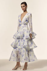Rachel White Floral Maxi Dress with Deep-V Neckline and Flared Sleeves